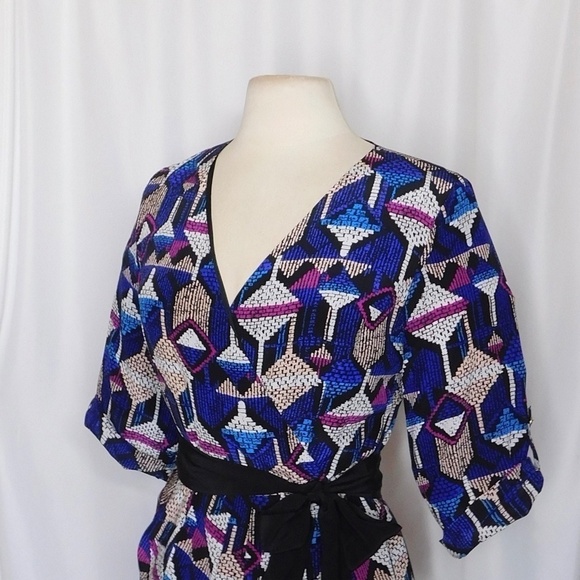 YUMI KIM Silk Faux Wrap Abstract Geometric Print Mini Dress Bright Medium - Picture 6 of 11